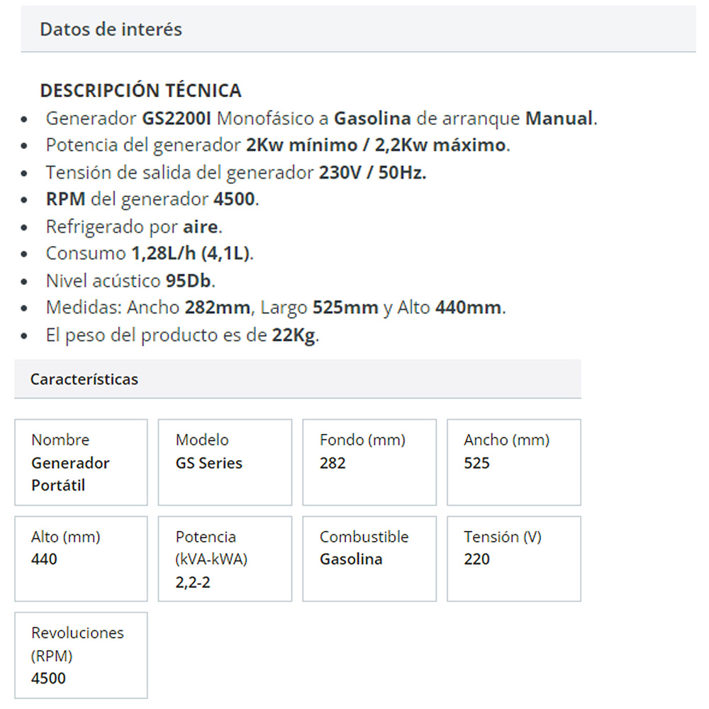 GENERADOR INVERTER GS-G GASOLINA 4500 RPM 