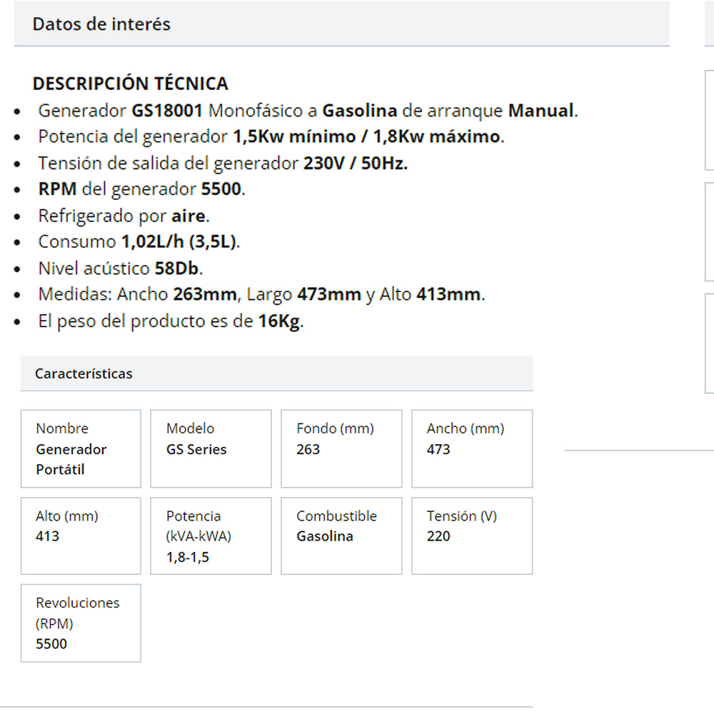 GENERADOR INVERTER GS-G GASOLINA 50HZ 230V 1.4k 